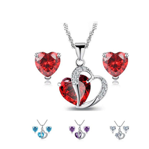 Heart CZ Jewelry Sets for Women Rhodium Plated Red AAA Cubic Zirconia Necklace & Earrings Bijoux Femme Free Shipping