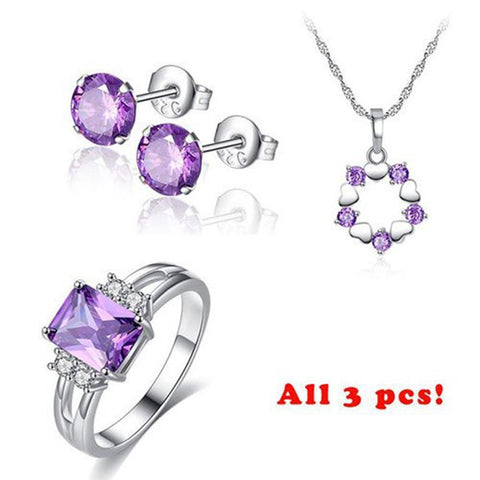 Fashion Jewelry Sets for Women Purple AAA+ Cubic Zircon Necklace + Earring + Ring Female Bijoux