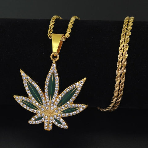 Fashion Hip Hop Enamel Leaf Pendant Necklace Jewelry  Stainless Steel Chain American Star Popular  Crystal Necklace Beiver