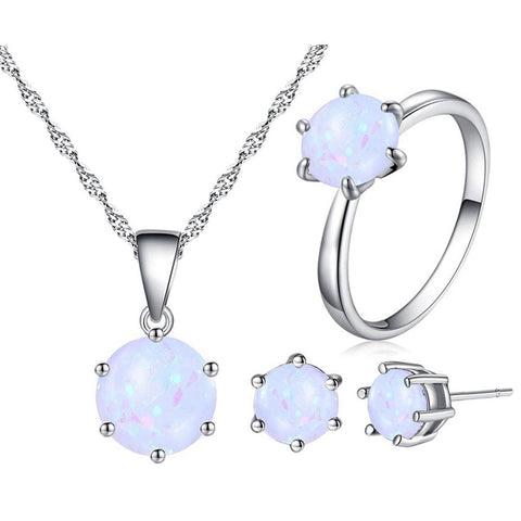 Opal Jewelry For Women Round Shape Pendant Ring Fashion Silver Color Chain Earrings Ring Sets Wedding Party Jewelry