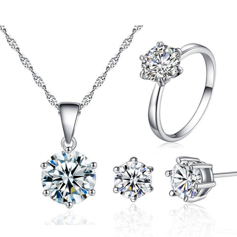 3 PCS Fashion Cubic Zirconia Stone Necklace + Earrings + Ring Wedding Jewelry Sets for Women in Rhodium Plated