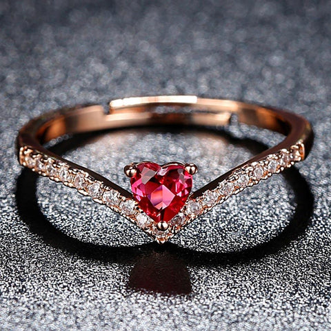 Rose Gold Color AAA+ Pink CZ Heart Clear Crystals Cluster Adjustable Finger Ring
