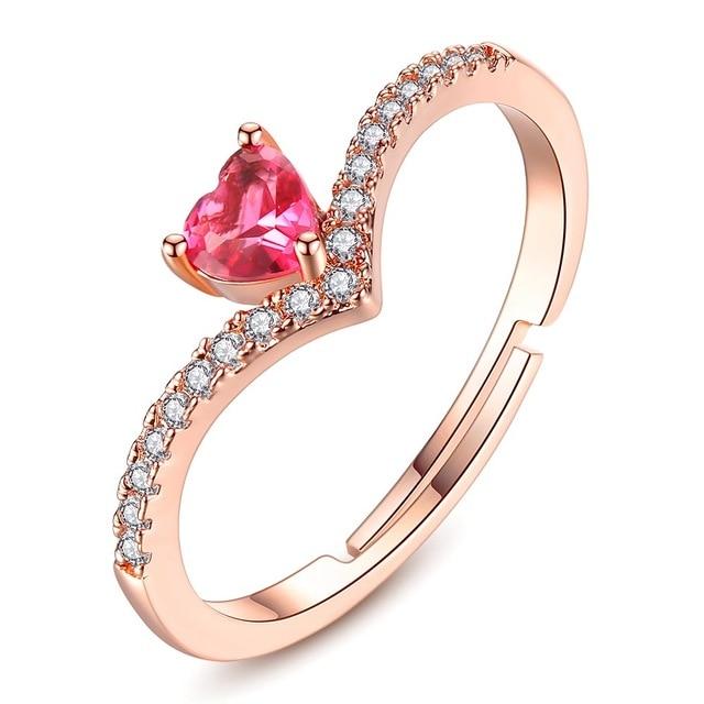 Rose Gold Color AAA+ Pink CZ Heart Clear Crystals Cluster Adjustable Finger Ring