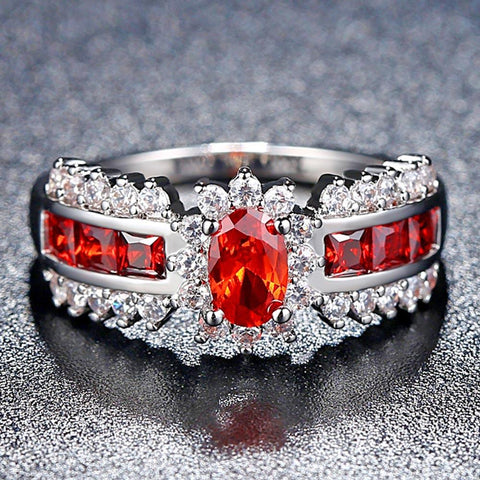 Size 6-9 Jewelry Oval Cut Red / Blue AAA Cubic Zirconia Wedding Band Silver Color Womens Ring