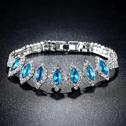 Acid Blue Crystal Charm Tennis Bracelet in Rhodium Plated Micro Pave AAA Cubic Zirconia Stone Jewelry