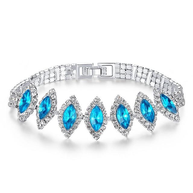 Acid Blue Crystal Charm Tennis Bracelet in Rhodium Plated Micro Pave AAA Cubic Zirconia Stone Jewelry